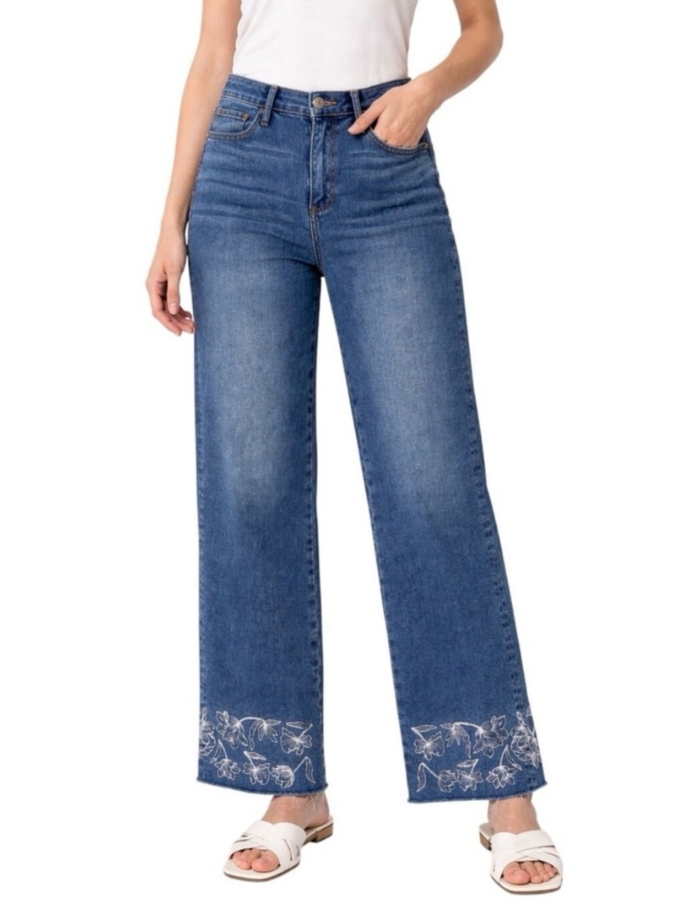DRIFTWOOD Charlee Cuff Floral Embroidered Wide Leg Denim Jeans Size 30